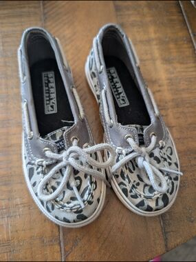 Sperry Leopard Print Gray Canvas Boat Shoes